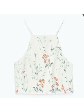 ZARA GREEN & CREAM FLORAL RACER BACK STYLE A-LINE TANK OVERLAP AT REAR SZ  MED